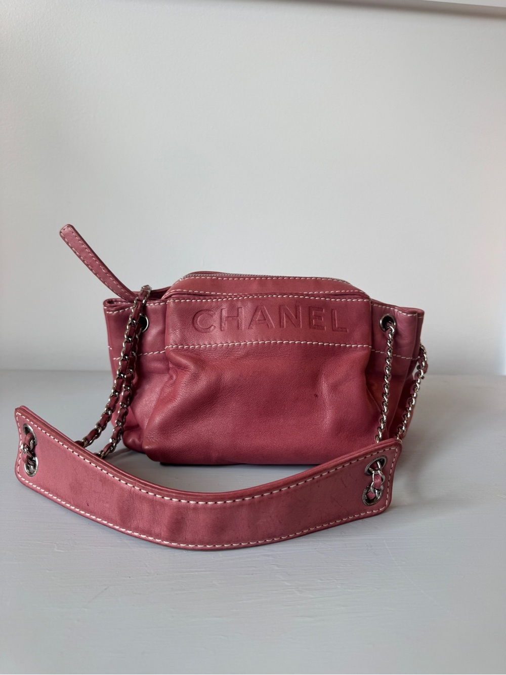 CHANEL Pink Leather Mini Shoulder Bag with Chain Strap